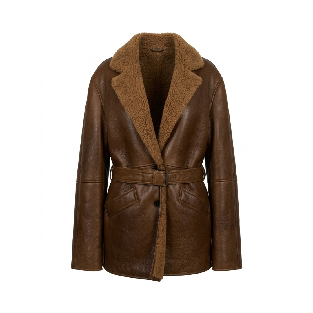 Belted Chestnut Leather Coat