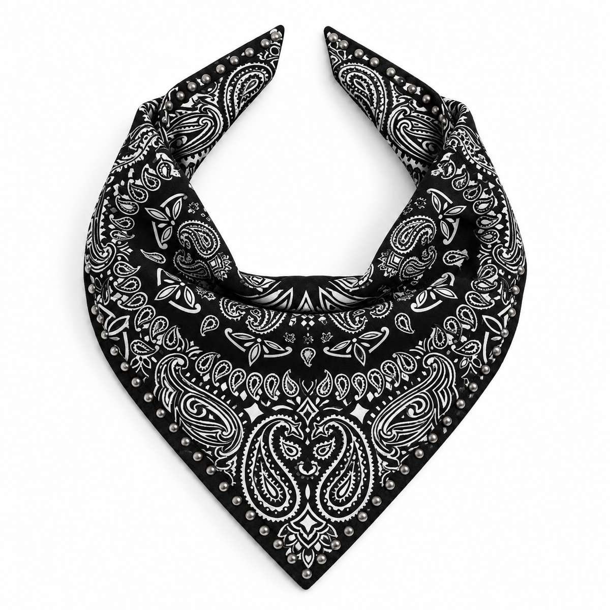 Studded Small Bandanna Scarf Black Paisley with Silver Studs