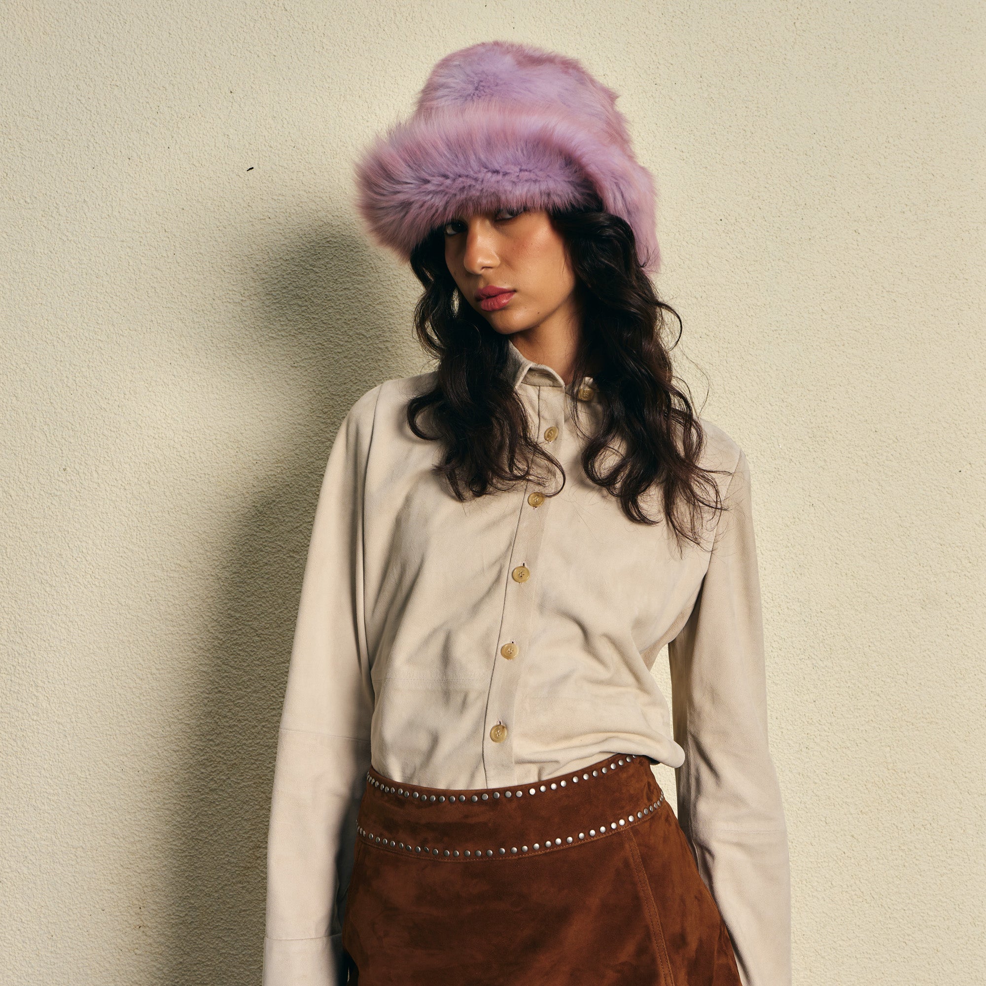 Faux-Fur Bucket Hat Pastel Purple