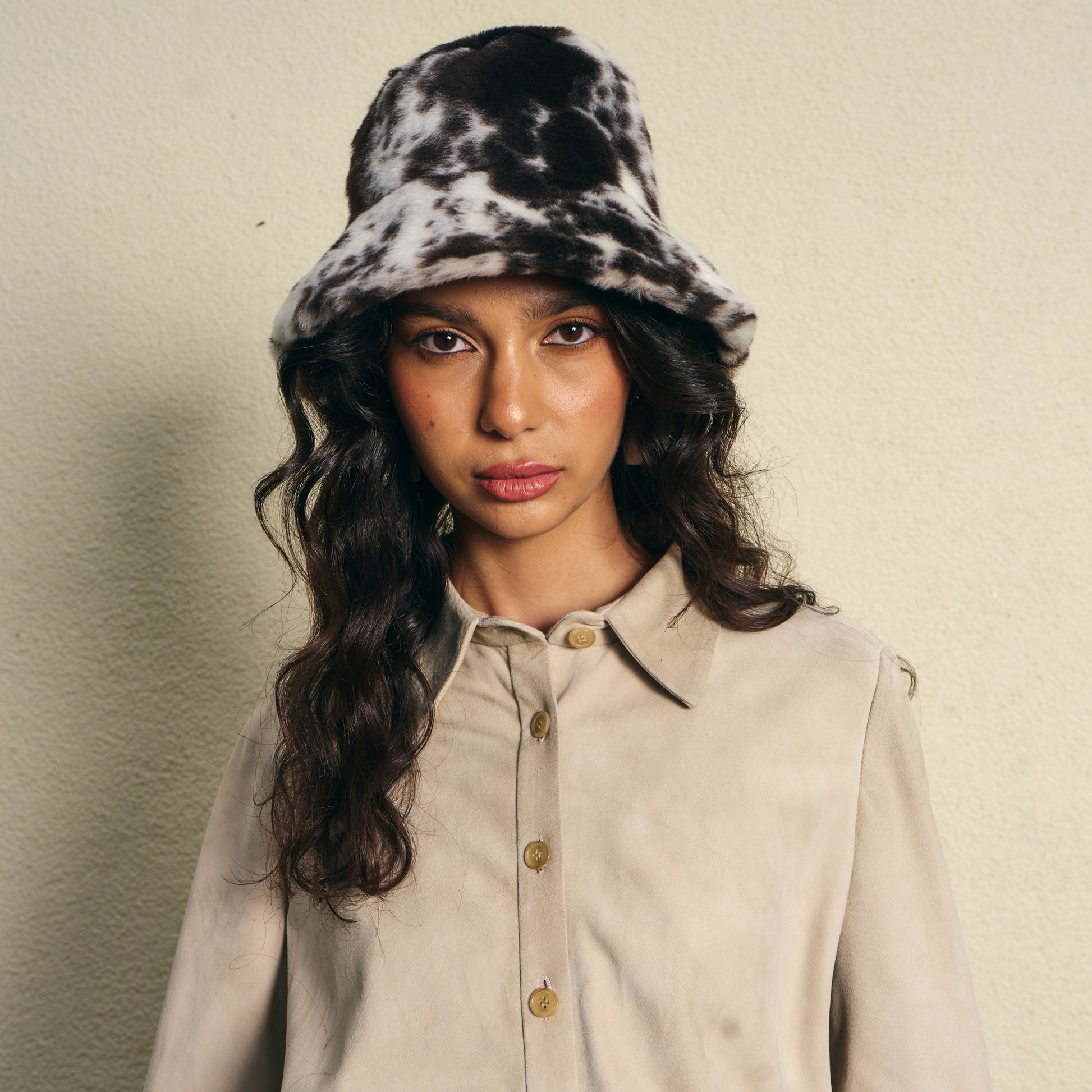 Faux-Fur Bucket Hat Cow Print