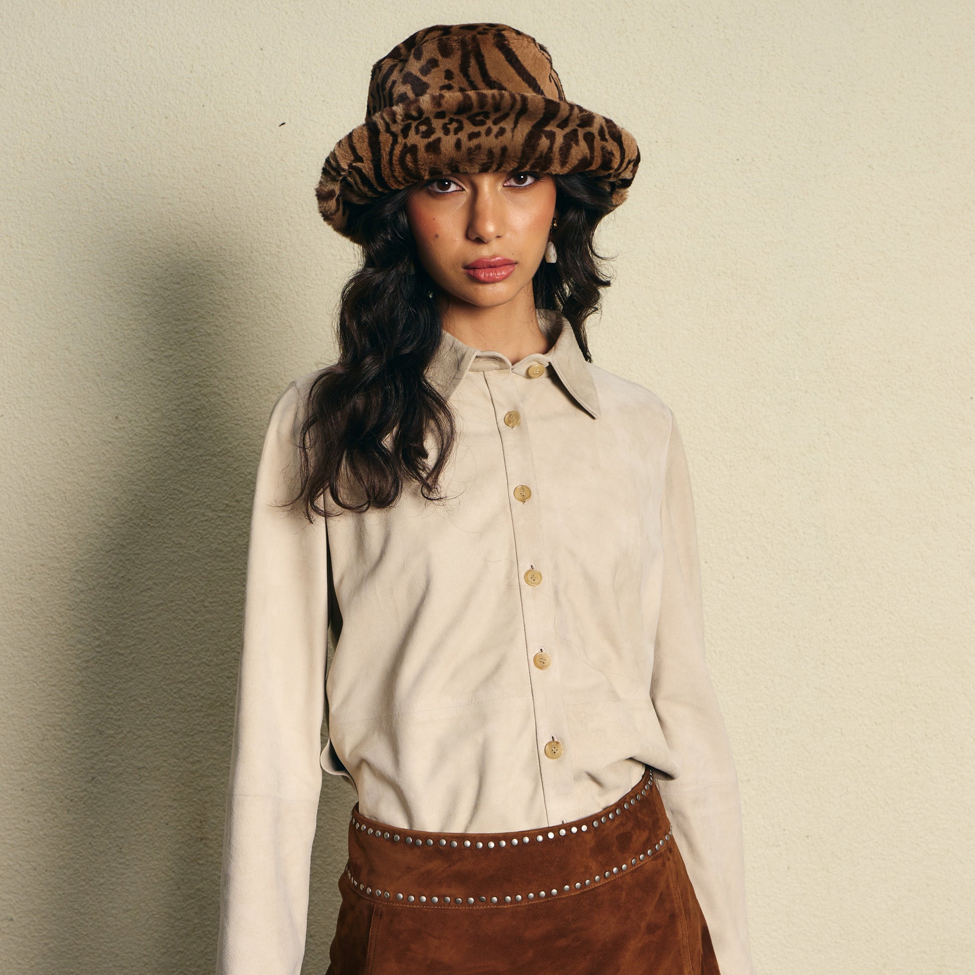 Faux-Fur Bucket Hat Leopard Print