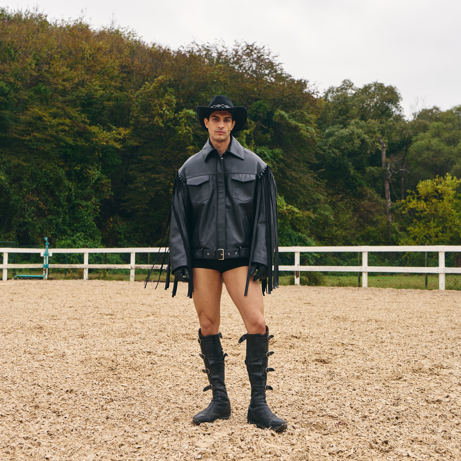 Black Leather Fringed Overshirt