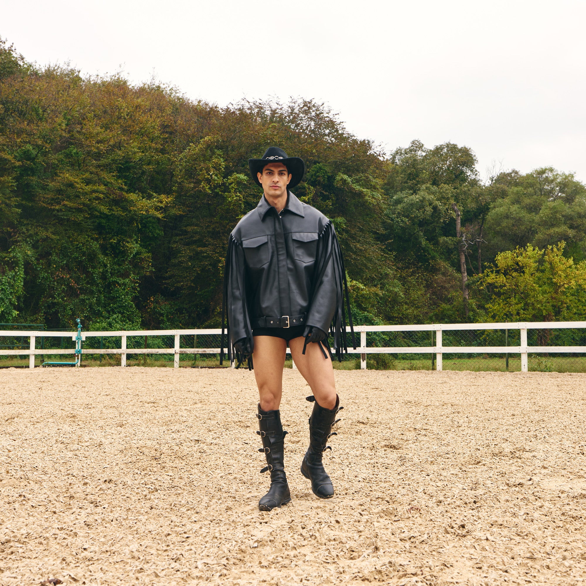 Black Leather Fringed Overshirt