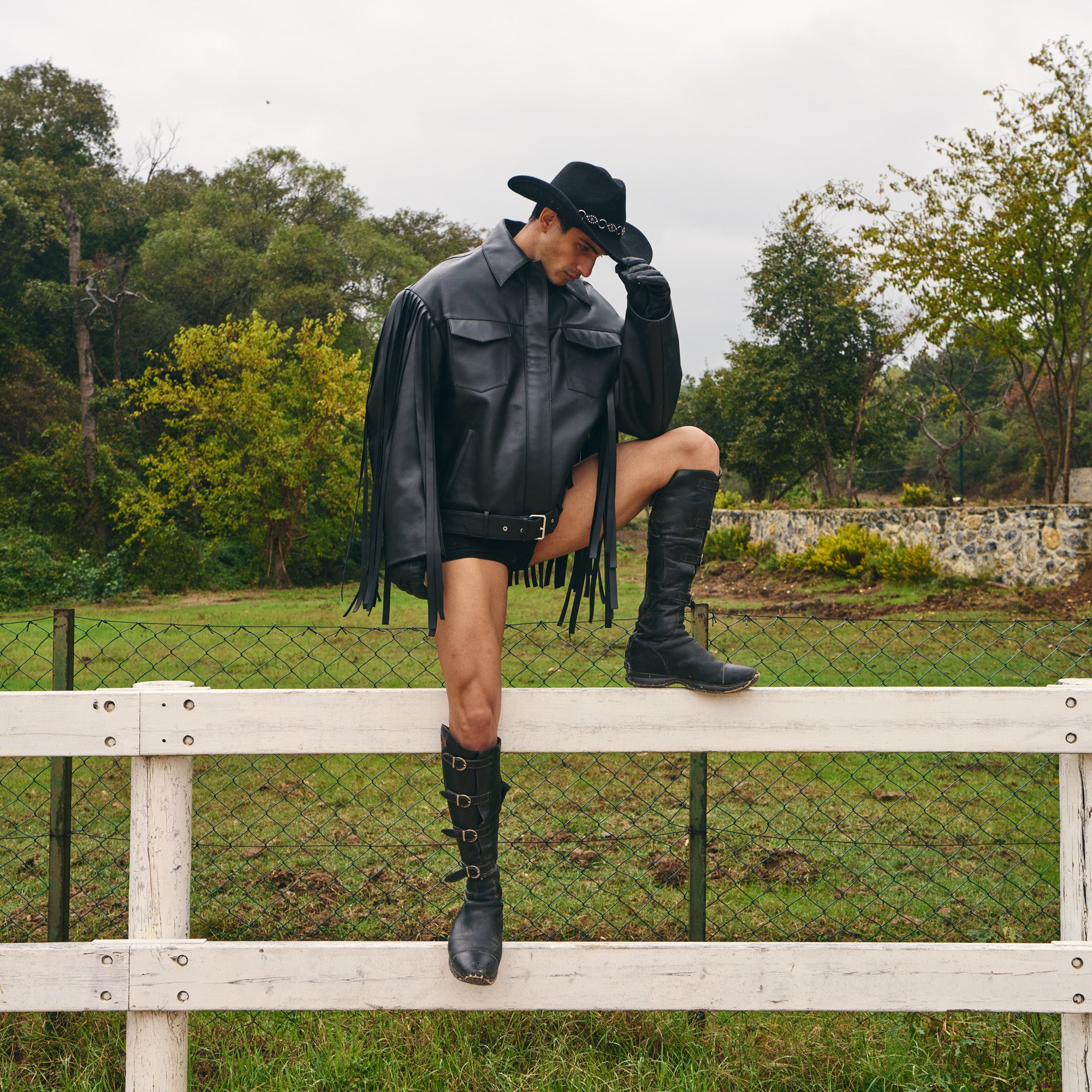 Black Leather Fringed Overshirt