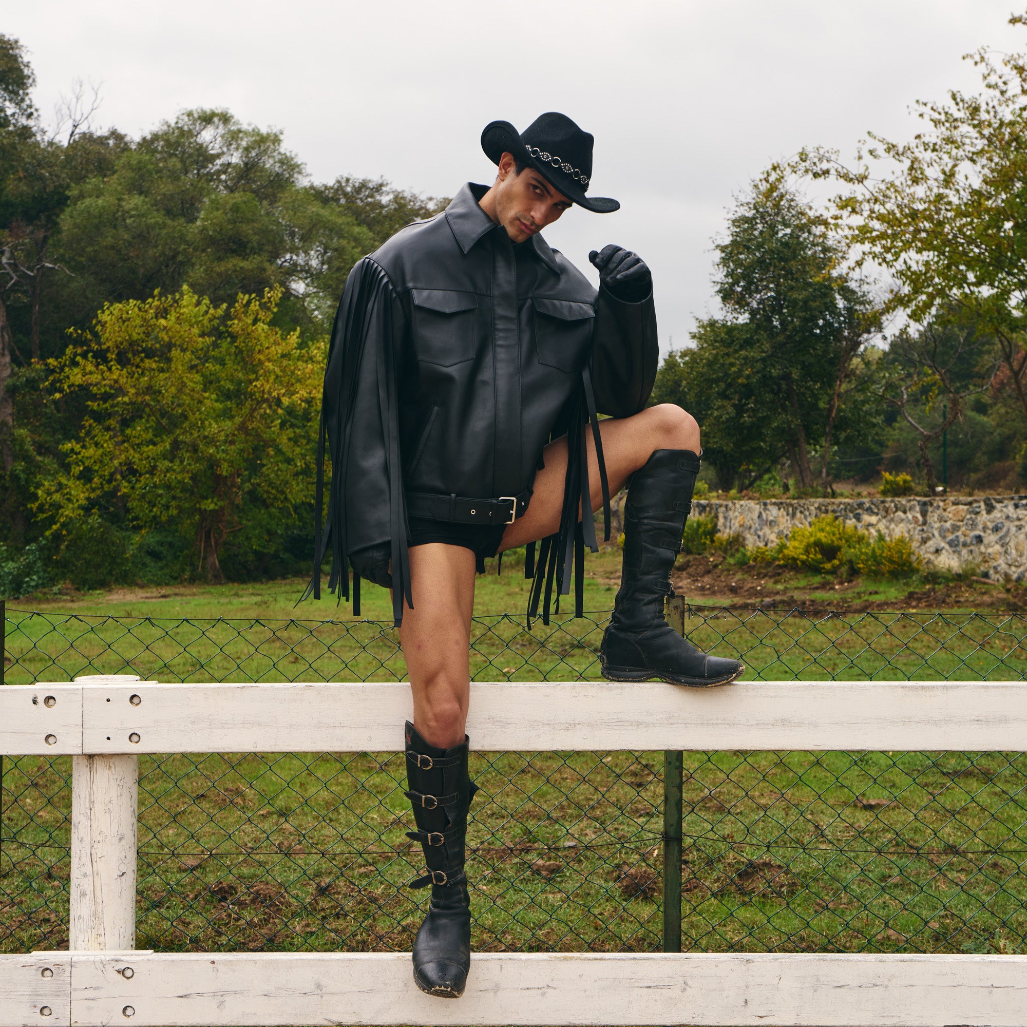 Black Leather Fringed Overshirt