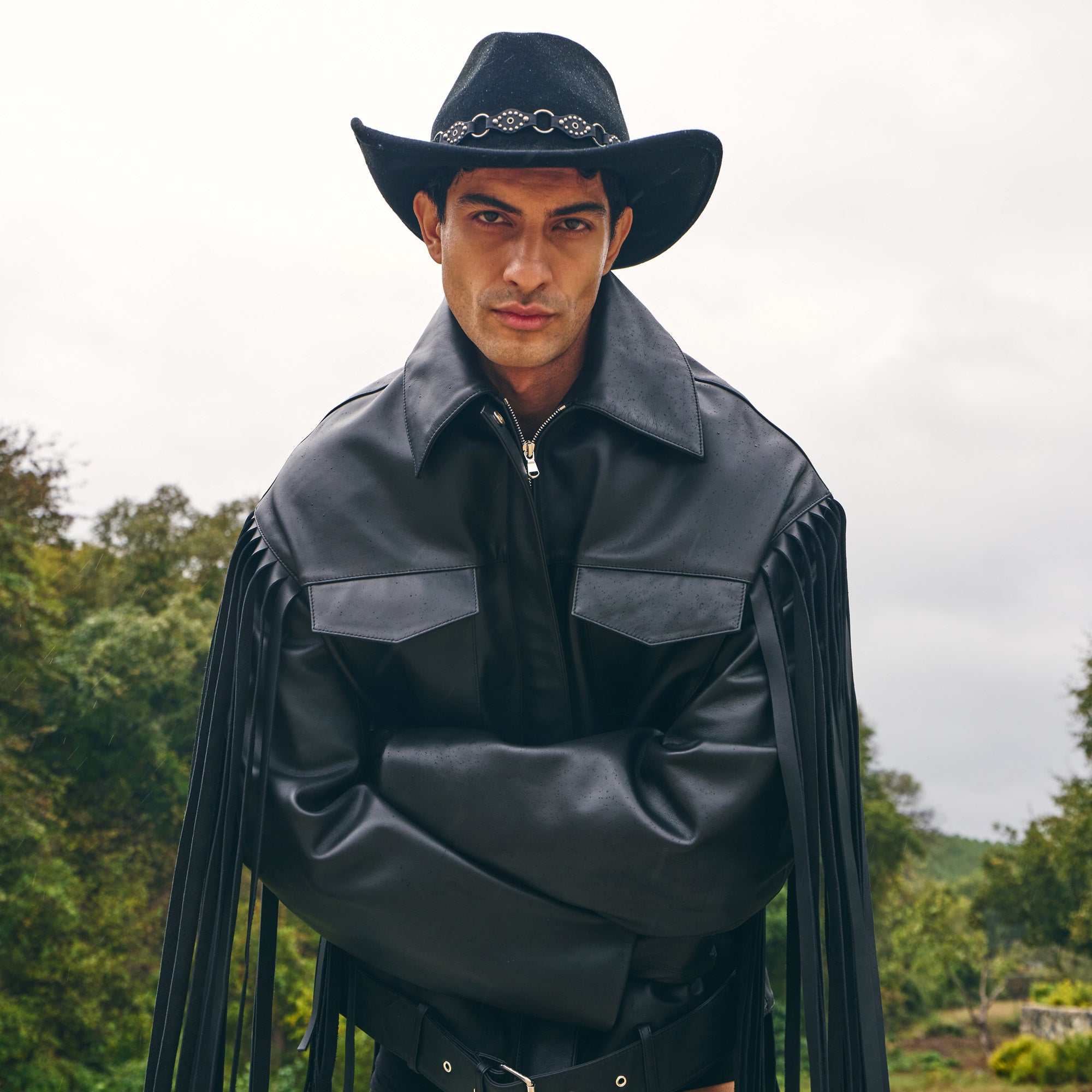 Black Leather Fringed Overshirt