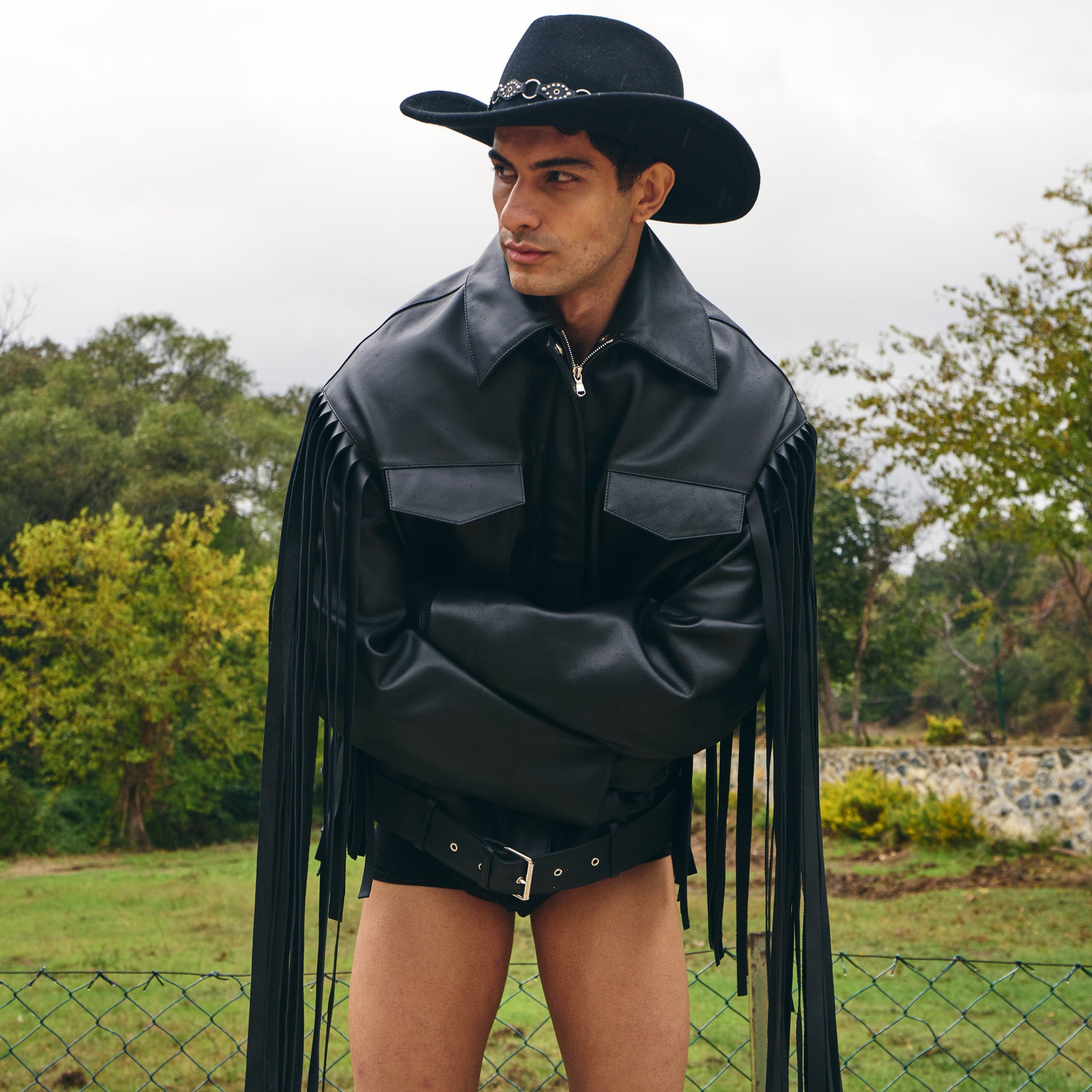 Black Leather Fringed Overshirt