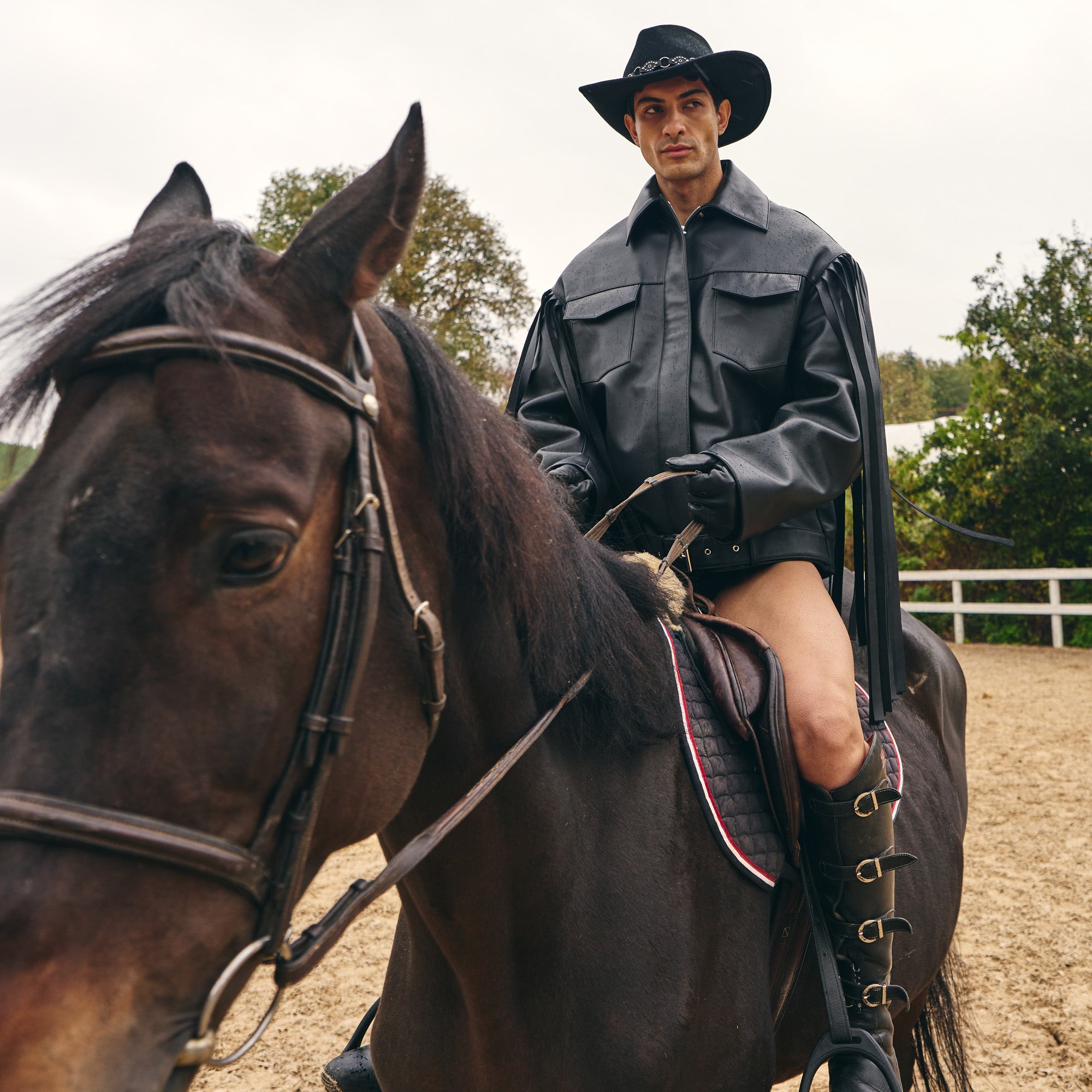 Black Leather Fringed Overshirt