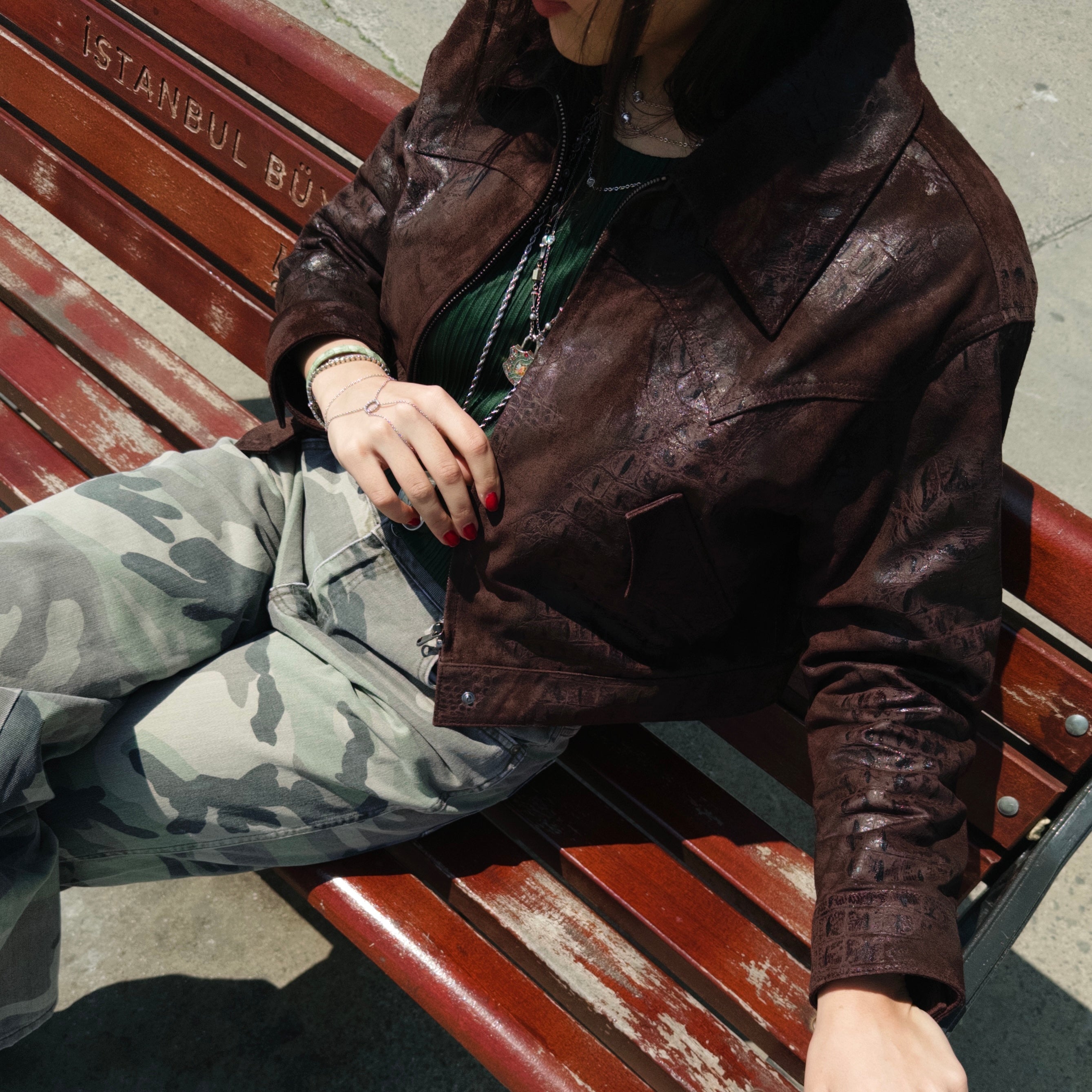 Croc Leather Jacket - Brown