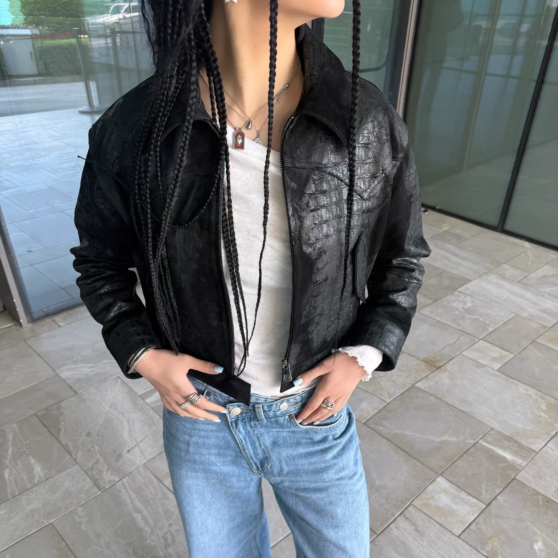 Croc Leather Jacket - Black