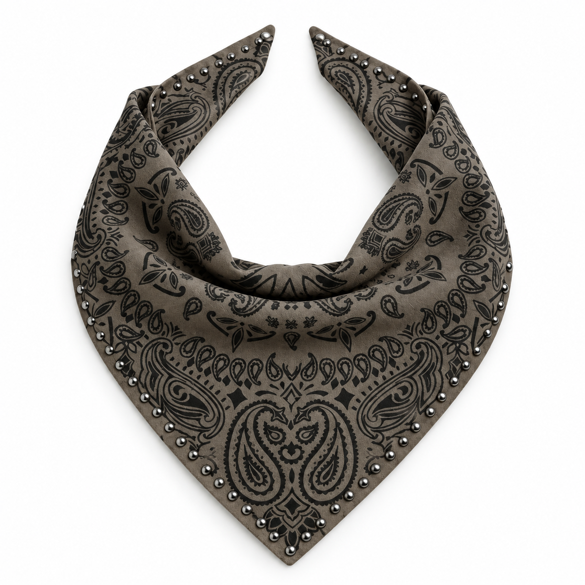 Studded Small Paisley Bandanna Scarf Taupe V-Fold